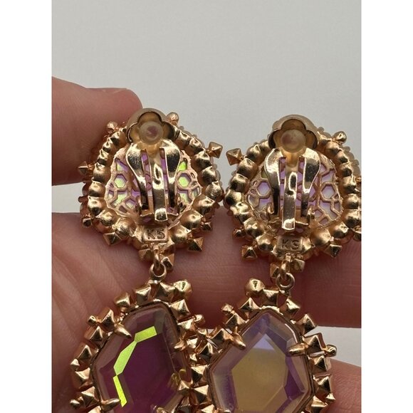 Kendra Scott Crystal Iridescent Gold Triple Drop Clip On Earrings - Picture 8 of 8